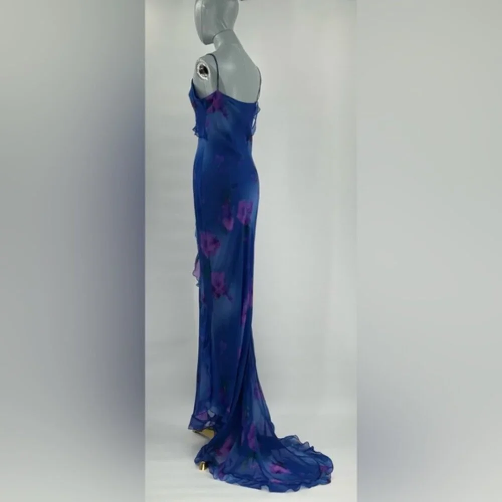 🆕 RAT & BOA 🧿 NWOT Sorrento Chiffon Maxi Dress with Train, Blue Floral - Sz XL